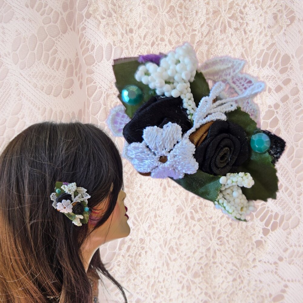 Handmade Black Rose & White Lace Mini Hair Clip Romantic Fairycore Wedding Guest